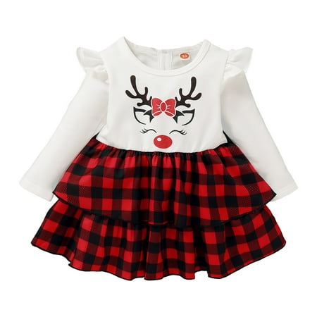 

KIMI BEAR Newborn Baby Girls Dress 3 Months Newborn Girls Autumn Dress 6 Months Newborn Girls Cute Christmas Reindeer Print Plaid Stitching Long Sleeve Dress White