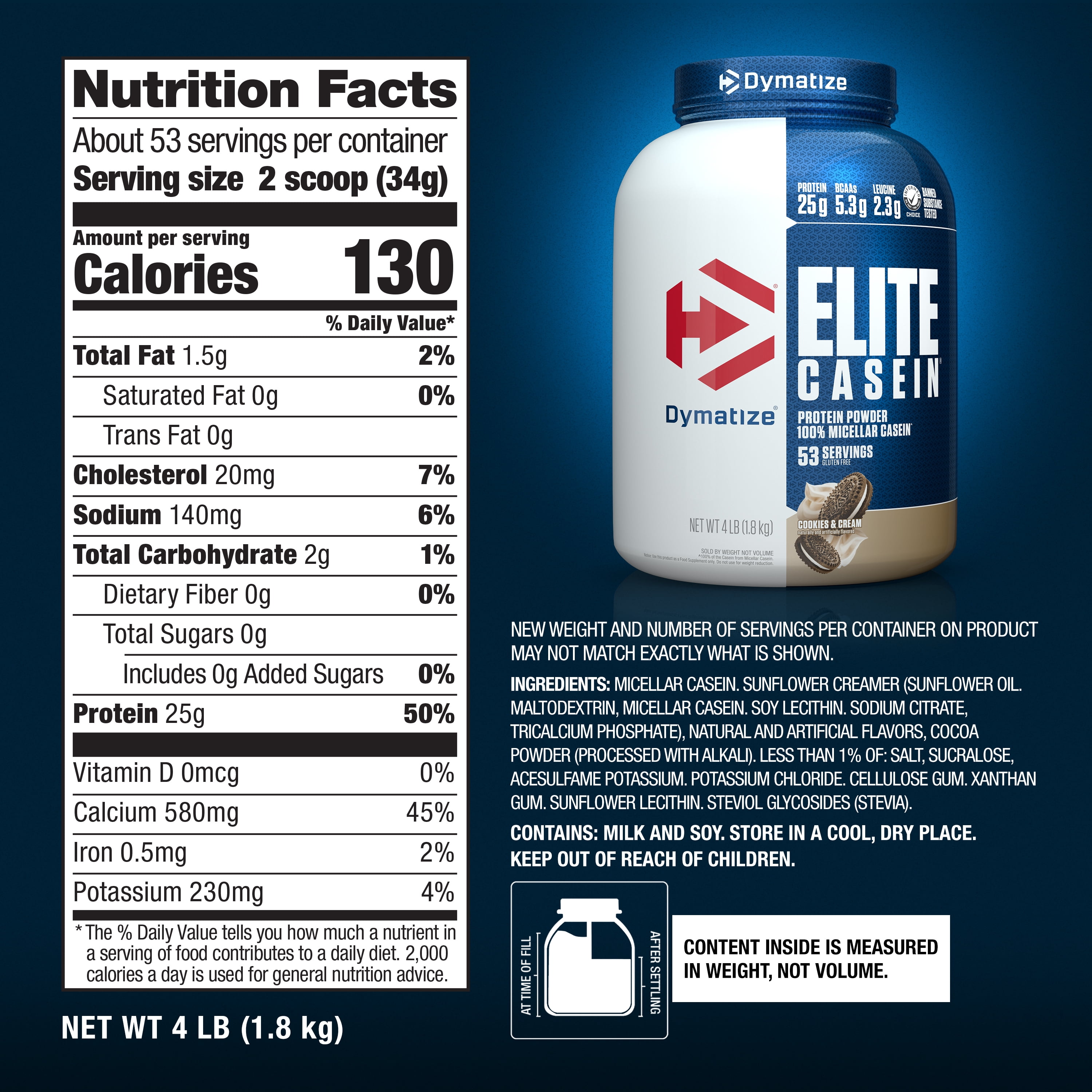 Dymatize Elite 100% Micellar Casein Powder, Cookies & Cream, 25g Protein, 4 Lb