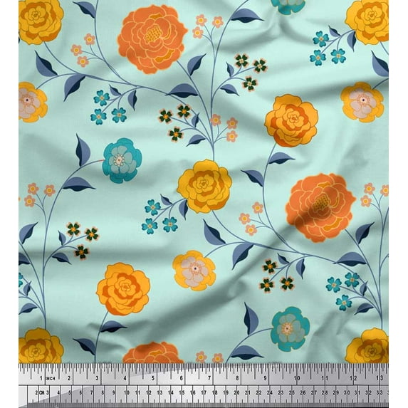 Soimoi Moss Georgette Fabric Leaves & Camellias Floral Printed Craft Fabric by The Yard 42 Inch Wide