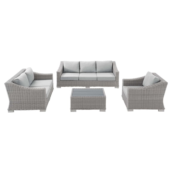Lounge Sofa Chair Table Set, Rattan, Wicker, Grey Gray, Modern Contemporary Urban Design, Outdoor Patio Balcony Cafe Bistro Garden Furniture Hotel Hospitality