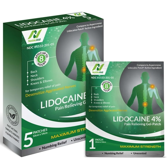 NobleAid 4% Lidocaine Patches Maximum Strength, 5 Pack - Pain Relieving Gel Patch, 5.5" x 4" Temporary Relief of Back, Neck, Shoulder