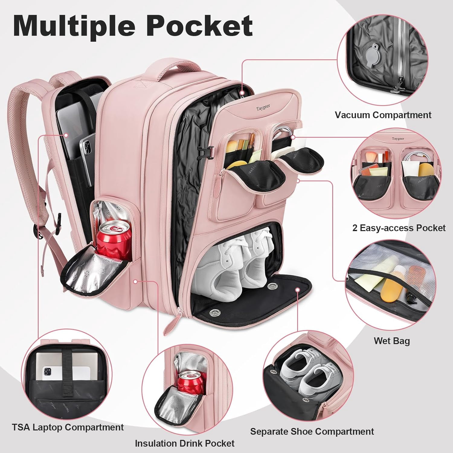 Taygeer Vacuum Backpack, Expandable Carry on Compression Luggage Bag with Shoe Compartment and Rain Cover for Adults, Pink