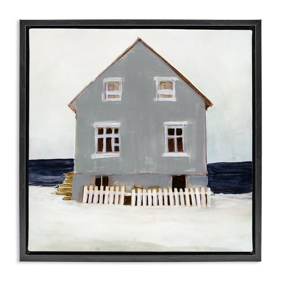 Stupell Industries Winter Beach House Landscape Nature Painting Black Floater Framed Canvas Art Print Wall Art, 25 x 25