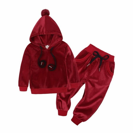 

FRSASU Kids Suit Set Clearance Winter Girls Golden Velvet Hairball Hooded Pullover Long Sleeve Top Pants Suit