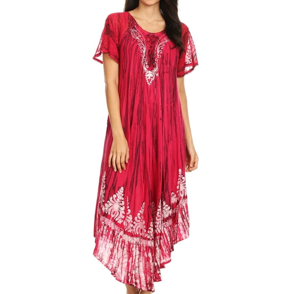 Sakkas Devora Women's Maxi NightGown Caftan Kaftan Dress Tie Dye Batik & Corset - Fuchsia-navy - One Size Regular