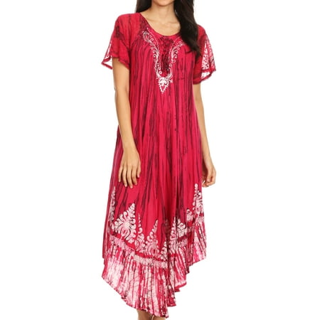 Short Caftan - Sakkas Devora Women's Maxi NightGown Caftan Kaftan Dress Tie Dye Batik & Corset - Fuchsia-navy - One Size Regular