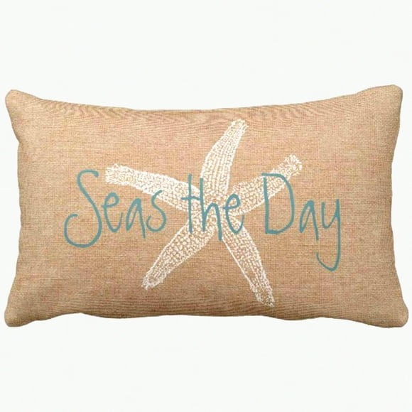 Vintage Starfish Seascape Decorative Pillowcase - Whimsical Canvas Look Home Decor - Queen Size 20x30 Inch Rectangle Cushion Cover