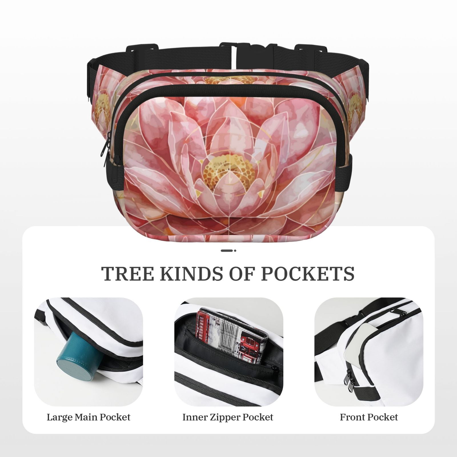 Picia Pink Lotus Print Square Double-Layer Waist Bag Mini Adjustable Waist Belt Bag Exercise Running Travel Hiking