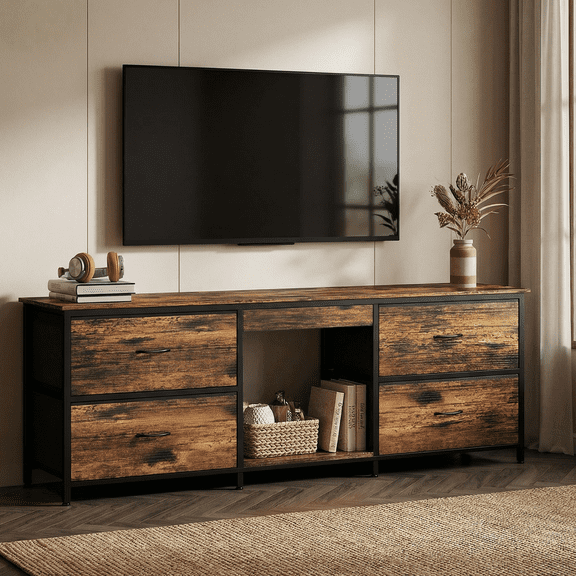 Flictozena 68 Inch TV Stand with 4 Fabric Drawers, Entertainment Center for 75 Inch TV, TV Console Table, Dresser Storage Cabinet for Living Room Bedroom, Rustic Brown