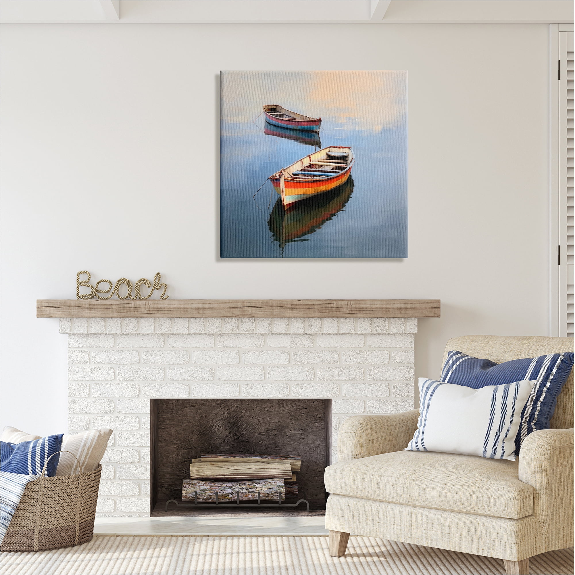Stupell Industries Striped Boats in Lake Transportation Painting Gallery Wrapped Canvas Art Print Wall Art, 30 x 30