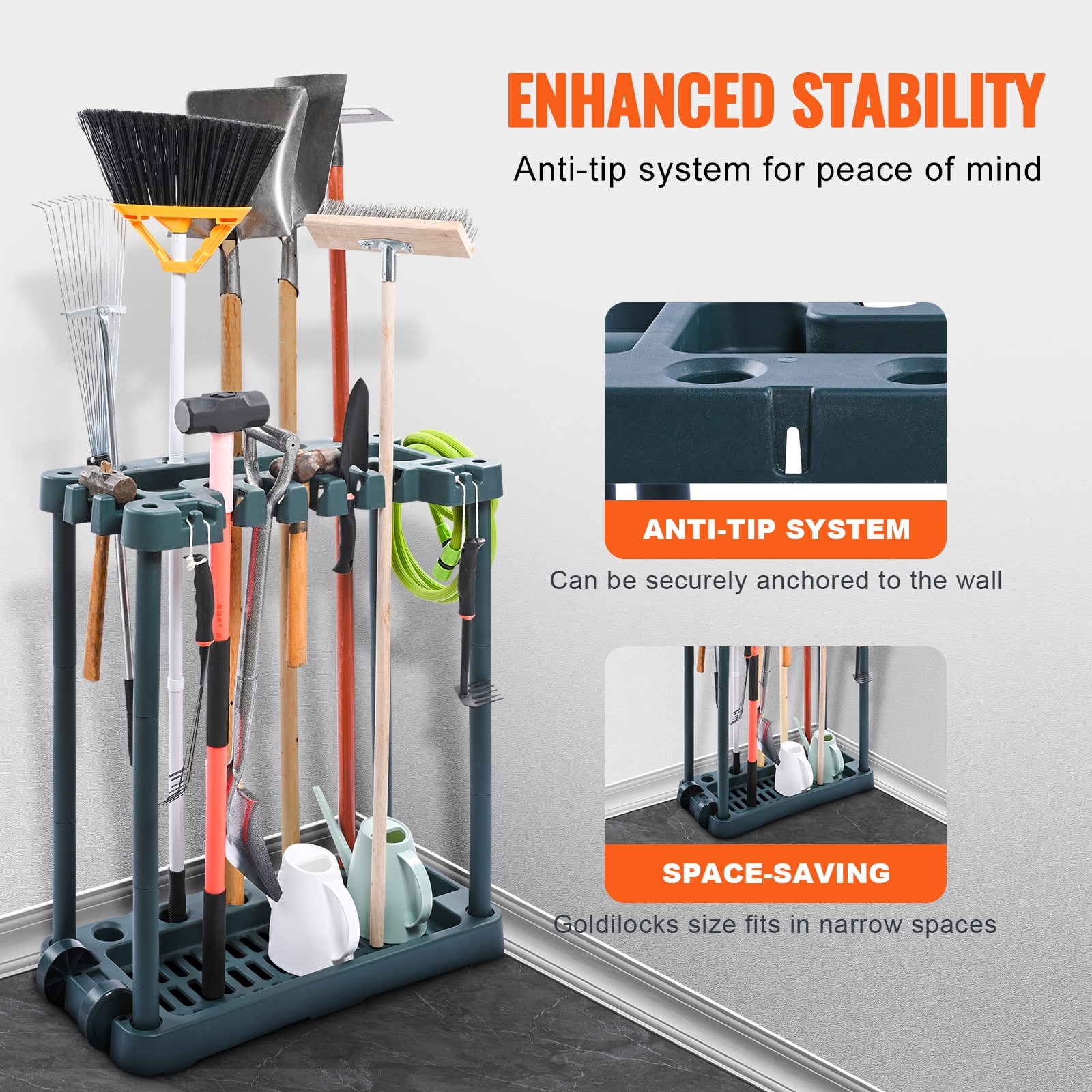 KFFKFF Garden Tool Organizer, 10-Slot Tool Rack for Garage Storage, Holds Long-Handled Tools like Rakes, Brooms, and Shovels, Durable PP Tool Stand for Yard, Shed, and Outdoor Use