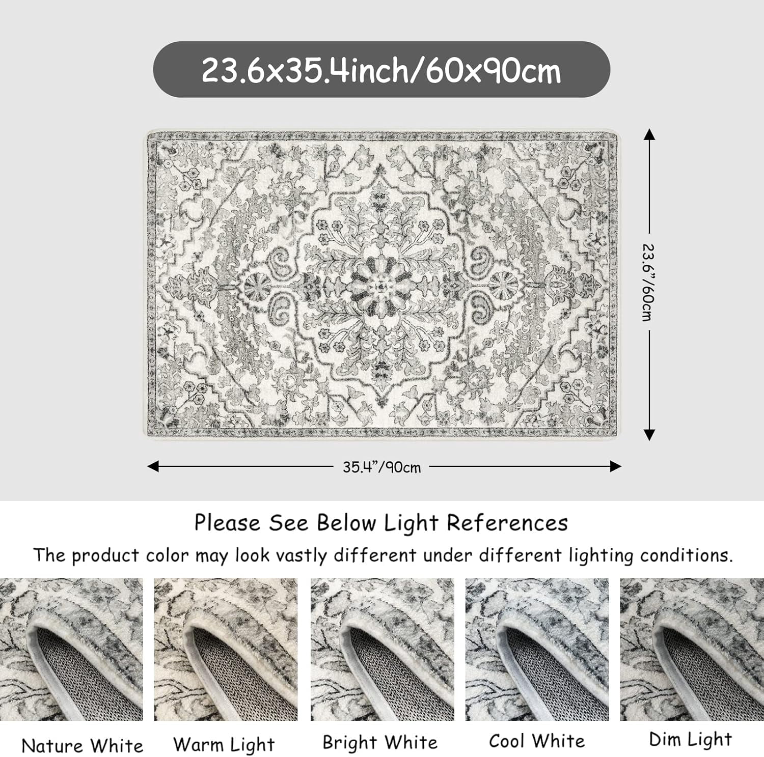 Wonnitar 2'x3' Bohemian Floral Medallion Area Rug,Oriental Distressed Small Bath Rug Country Vintage Doormat Faux Wool Non-Slip Washable Low-Pile Carpet for Bathroom Kitchen Laundry Room Decor
