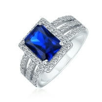 Bling Jewelry Womens Art Deco 3CT Rectangle Blue CZ Emerald Cut Halo Engagement Ring Sterling Silver