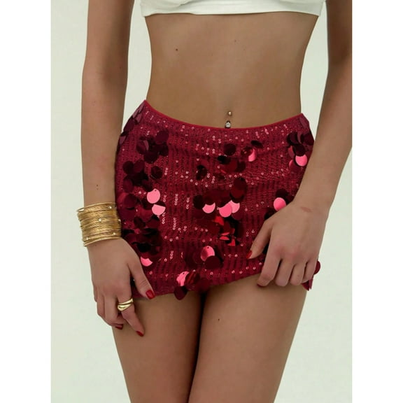 XUNKUSGA Shiny Skirt Sparkly Belly Dance Costume Mini Wrap Skirts for Women Glitter Low Waist Pencil Skirts Fashion Casual Solid Color Party Club Short Skirt S-XL Red