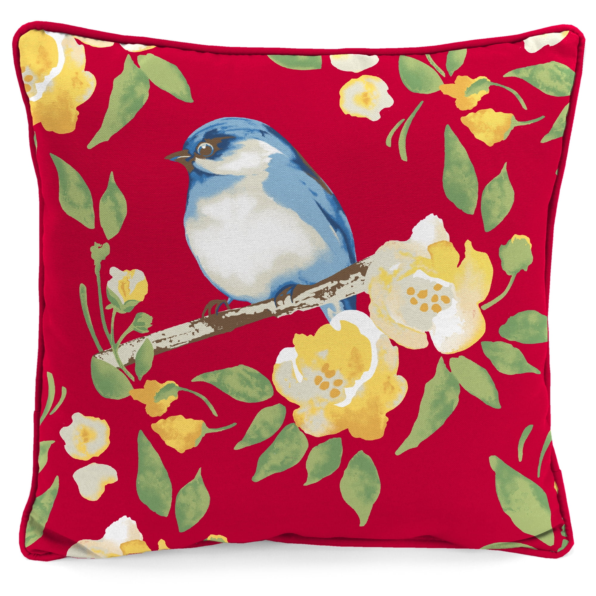 Jordan Manufacturing 16" x 16" Bluebird Red Bird and Floral Reversible Square Outdoor Throw Pillow with Welt