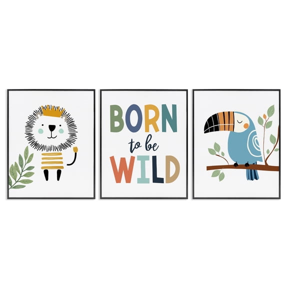Stupell Industries Born to Be Wild with Animals Animals Painting Black Framed Art Print Wall Art, 11 x 14, Set of 3