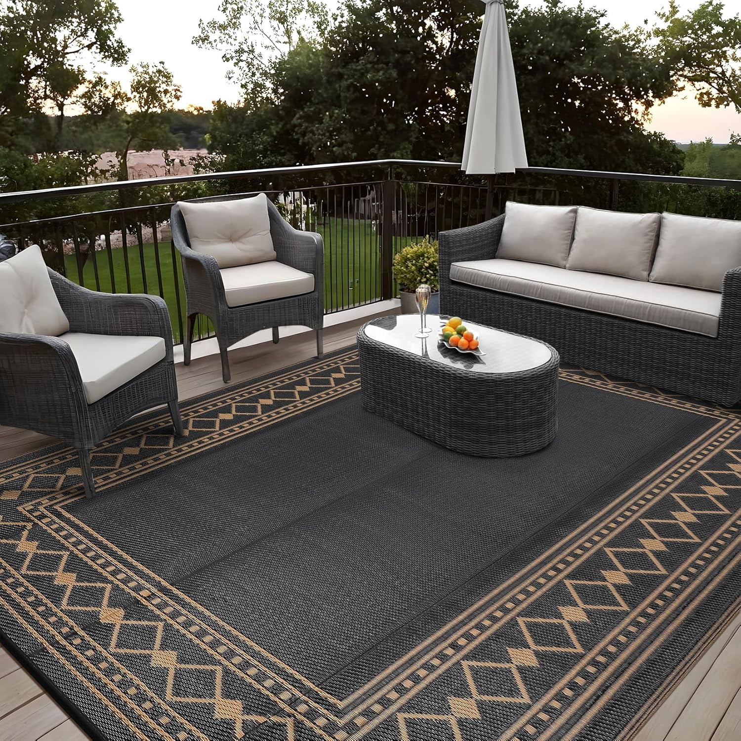 Funslane 9' x 18' Waterproof Outdoor Rug, Reversible Plastic Straw Patio Mat, Easy to Clean & Portable, for Deck, RV, Camping & Balcony, Black/Brown
