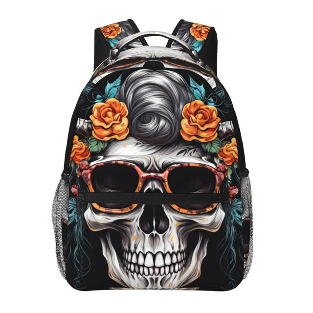 Lsque Flower Horn Skull A Pattern Casual Backpack for School, Work, Travel – Adjustable Straps, Multiple Compartments – Ergonomic Design, Fits Laptops and Tablets-One Size