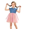 thumbnail image 4 of Toddler Girls 2 Pieces Outfits Crew Neck Flutter Sleeve Patchwork Denim Gradient Mesh Dress Kids Clothing Sets Size 2-3T, 4 of 6
