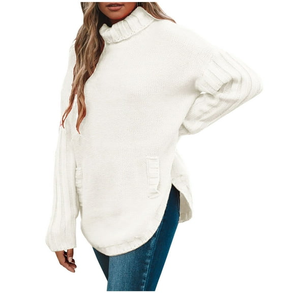 XFLWAM Women Turtleneck Sweaters Batwing Sleeve Casual Loose Chunky Pullover Sweater Solid Color Knit Tops White L