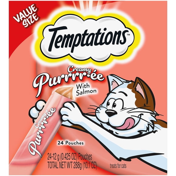 Puré cremoso Cat Treats Temptations con salmón, 12 m+7,5 g x24