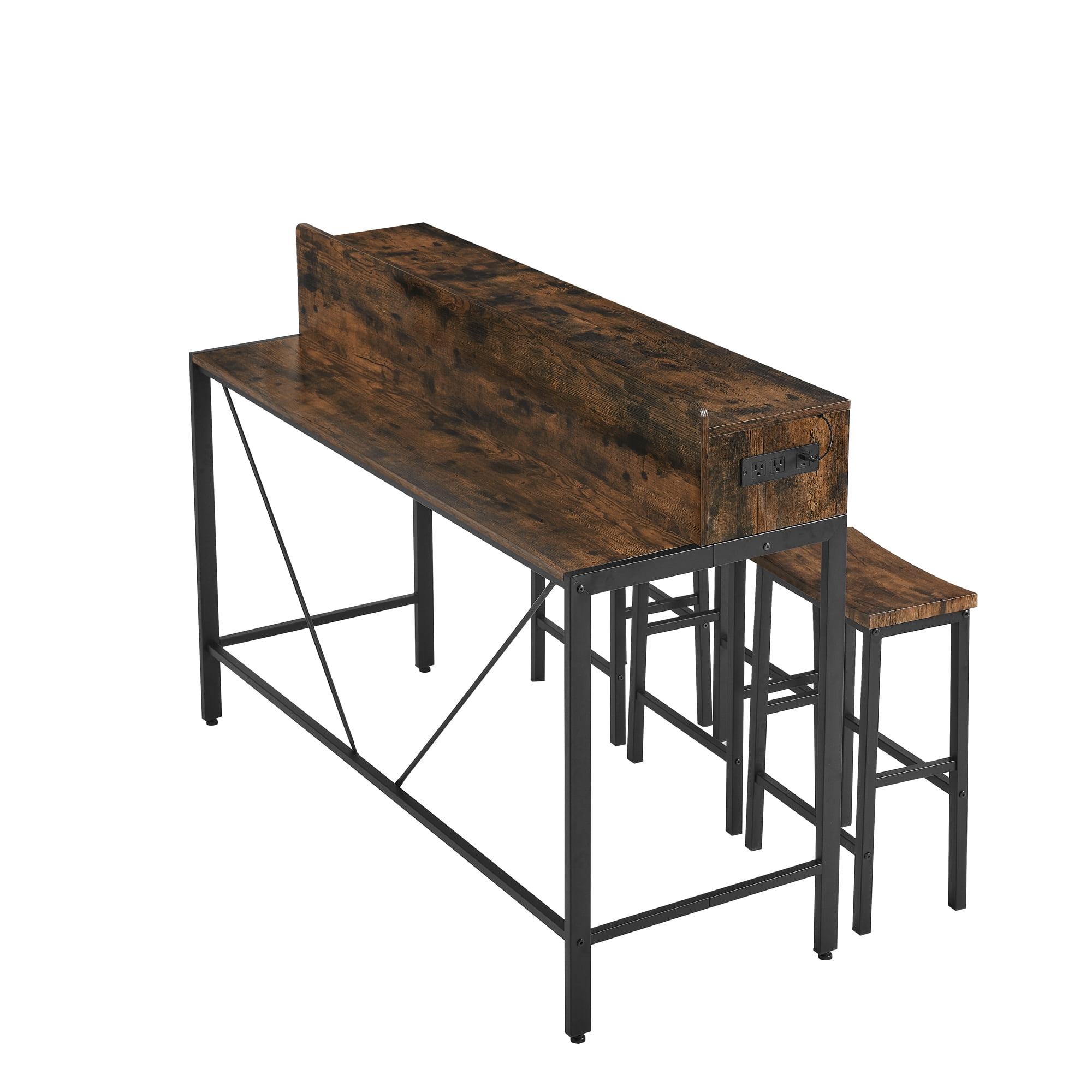Aukfa Counter Height Dining Table Set, Kitchen Table W/ LED light,Storage Shelves & Power Outlet for Breakfast,Brown