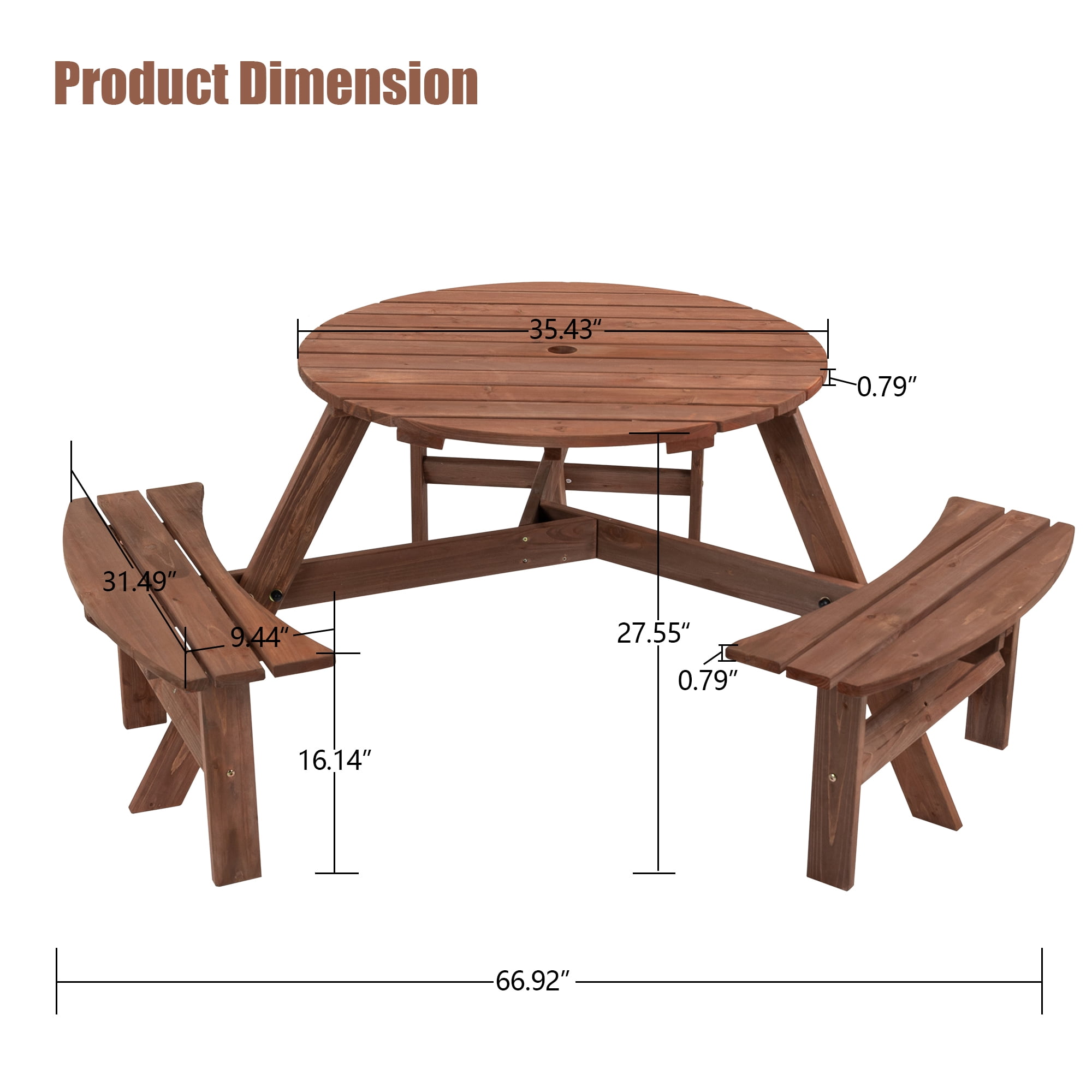 Aukfa 6-Person Outdoor Wood Picnic Table Patio Dining Table w/3 Benches,1720lb Capacity - Brown