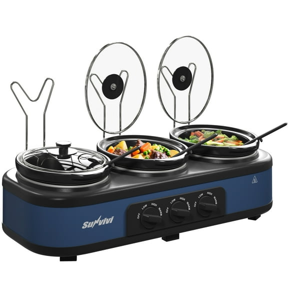May in Color Triple Slow Cooker Buffet Server - Removable Ceramic Pots - 3 x 1.5 Qt, Blue