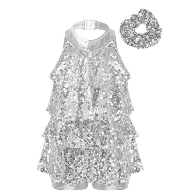 Doomiva Costume de Danse Ballet Rumba Moderne pour Filles Enfants Robe Justaucorps Jazz Danse Latine avec Attache-Cheveux Argent 8