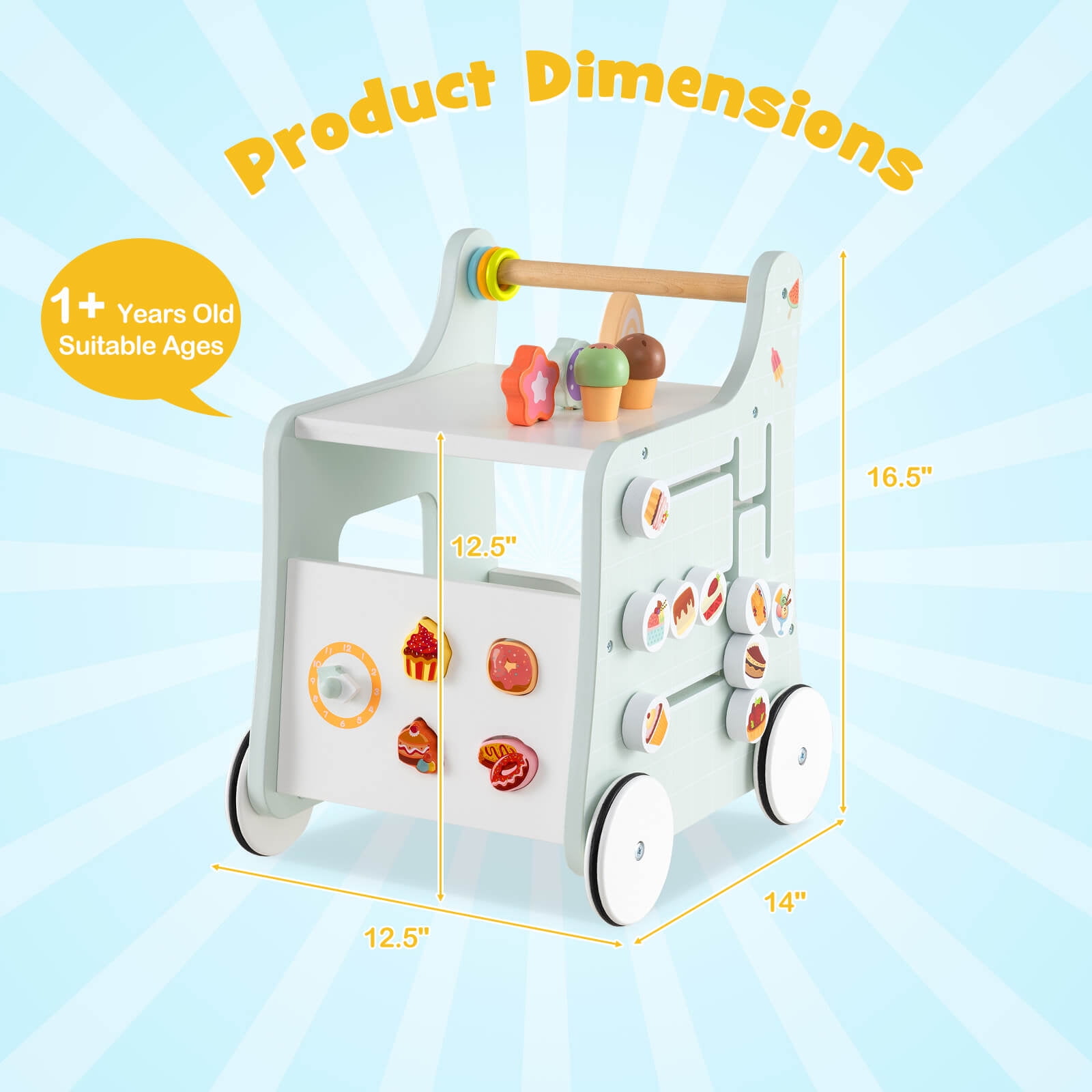 Infans Wooden Baby Walker Ice Cream Cart Toy with Sweet Accessories & Smooth Wheels