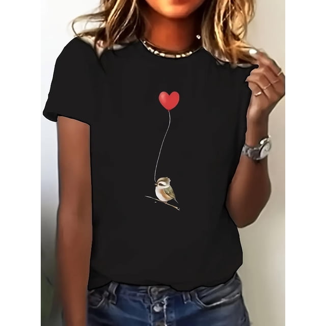 Women's Casual T-Shirt with Cute Bird & Heart Design - Soft, Stretchy, Machine Washable - Perfect for Spring/Summer Tee For Adult, Men, Women, Teen, Teenager, Adolescent, Youth