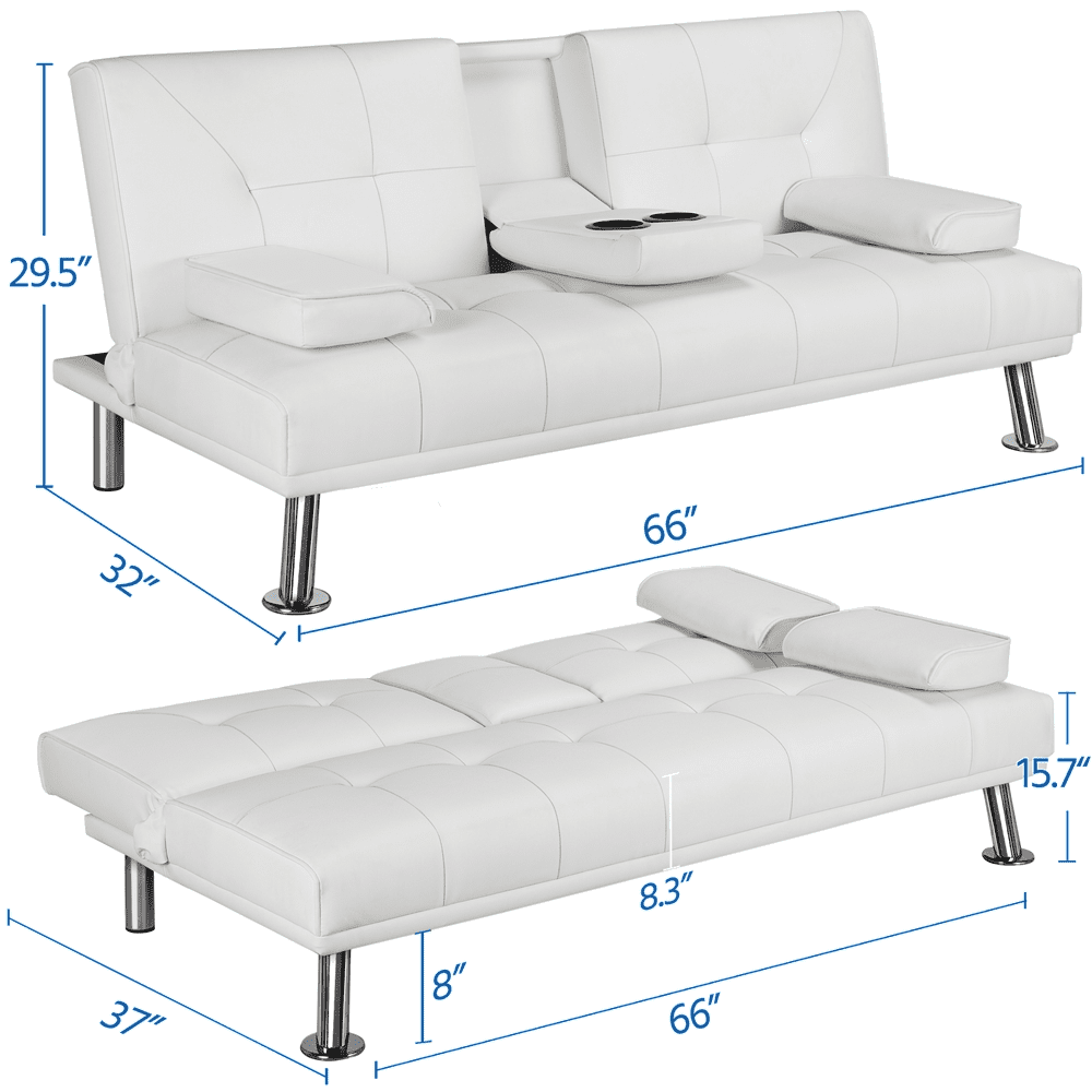 Renwick LuxuryGoods Modern Faux Leather Futon with Cupholders and Pillows, White  (图3)