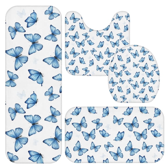 Butterfly and Watercolor Blue Pattern Bathroom Rug Set 4 Piece,Includes Contour,Lid Cover,Bath Mat,Non-Slip Extra Soft Absorbent Washable