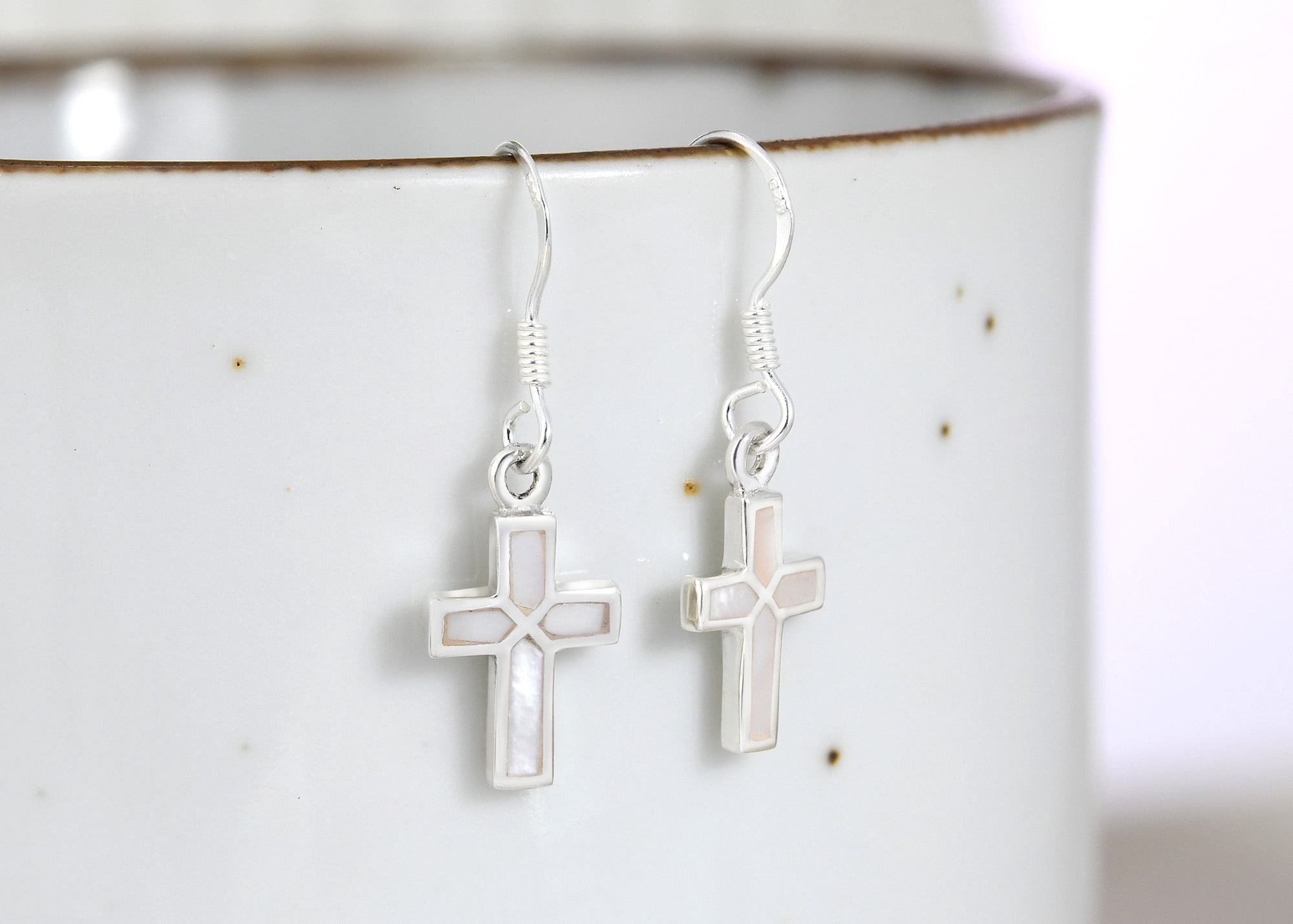 Mini Cross Inlaid White Mother of Pearl Sterling Silver Dangle Earrings