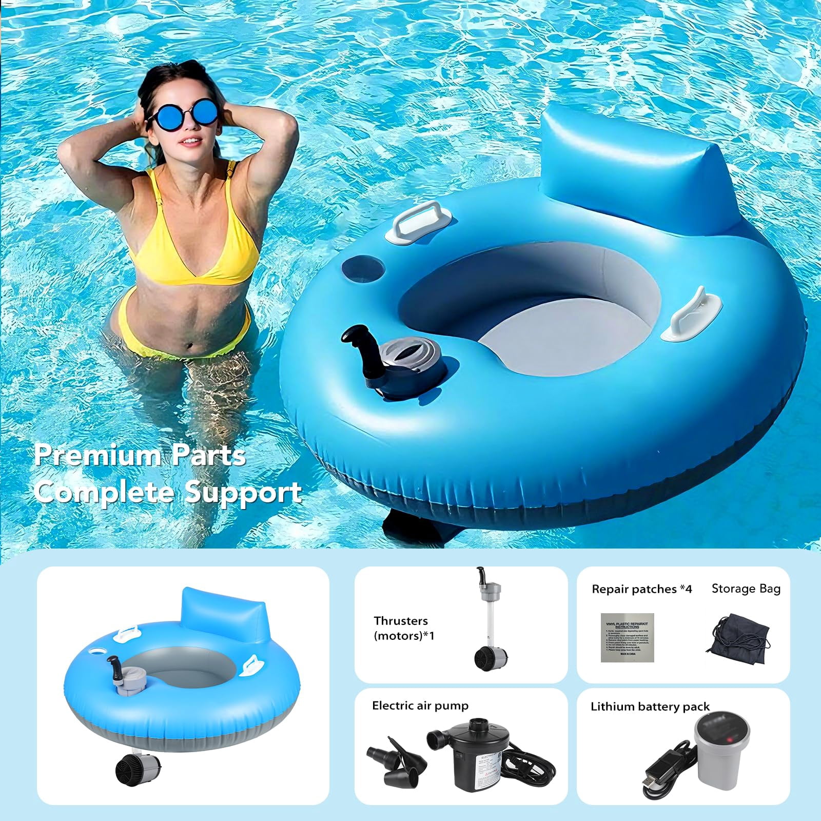 Foxlux Rechargeable & Inflatable Motorized Floats with Cup Holder – Single Motor Heavy Duty Electric Lounger Raft , Pool, Lake & Party Use