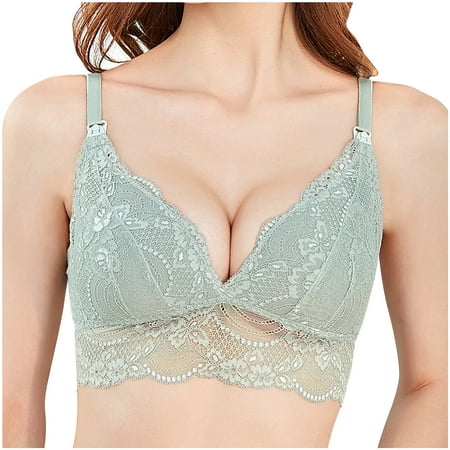 

Lovskoo Women Comfortable Bra Wireless Nursing Nude Lace Solid Ladies Brassiere Comfortable Breathable Front Buckle Breastfeeding Green