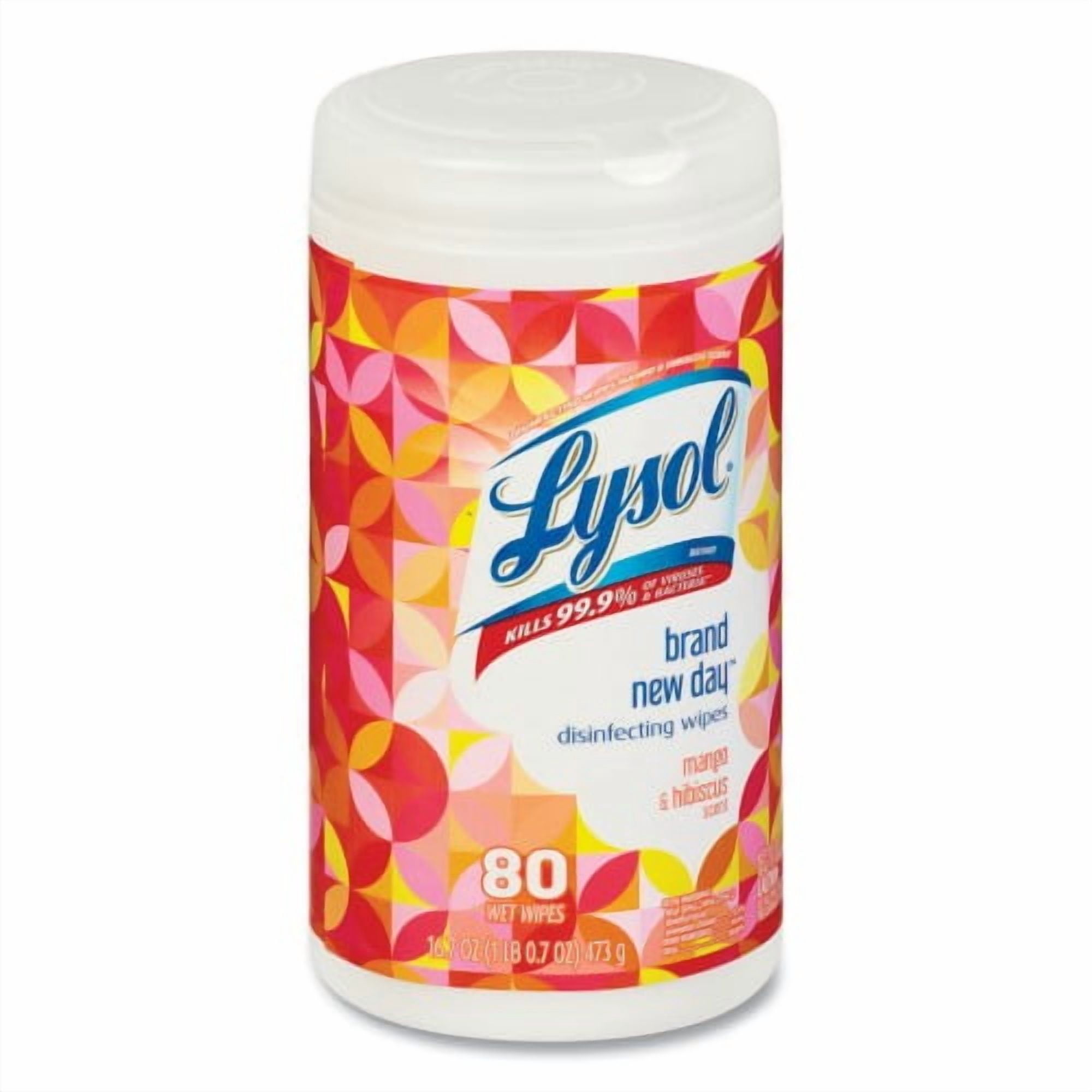 New LYSOL Brand Disinfecting Wipes, 1-Ply, 7 x 7.25, Mango and Hibiscus, White, 80 Wipes/Canister, 6 Canisters/Carton