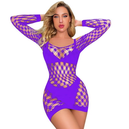 Yuhangmm Women Sexy Long Sleeve Transparent Hollow Stockings Tights Mesh Jumpsuits And Lingerie Robe for Women