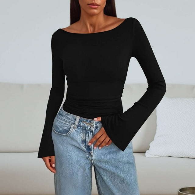 Wensltd Hauts à Manches Longues Noirs pour Femmes Mode Printemps Col Rond Extensible Ajusté