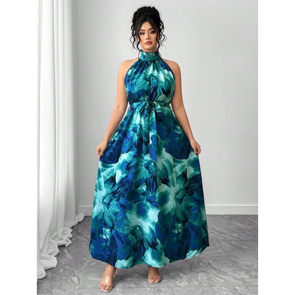 Multicolor Plus Size Sleeveless High Neck Maxi Dress With Cinched Waist And Floral Print