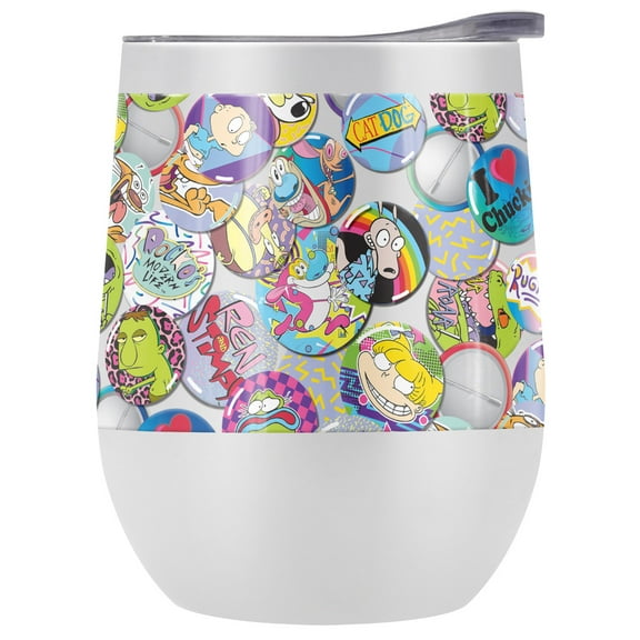 Nickelodeon 90'S Official Nick 90'S Buttons 12 oz Stemless Tumbler, Stainless Steel Travel Cup|Lake Tumbler|Insulated with Leak Resistant Slide-Lock Lid