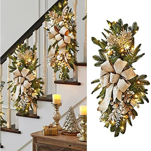 50cm Cordless Prelit Stairway Swag Trim, Artificial Christmas Teardrop Swag, Handmade Berry Pine Nut Wall WreathChristmas Tree Golden Snowflake, Glitter Lighted Gold Snow Tree Topper for Christmas Tr