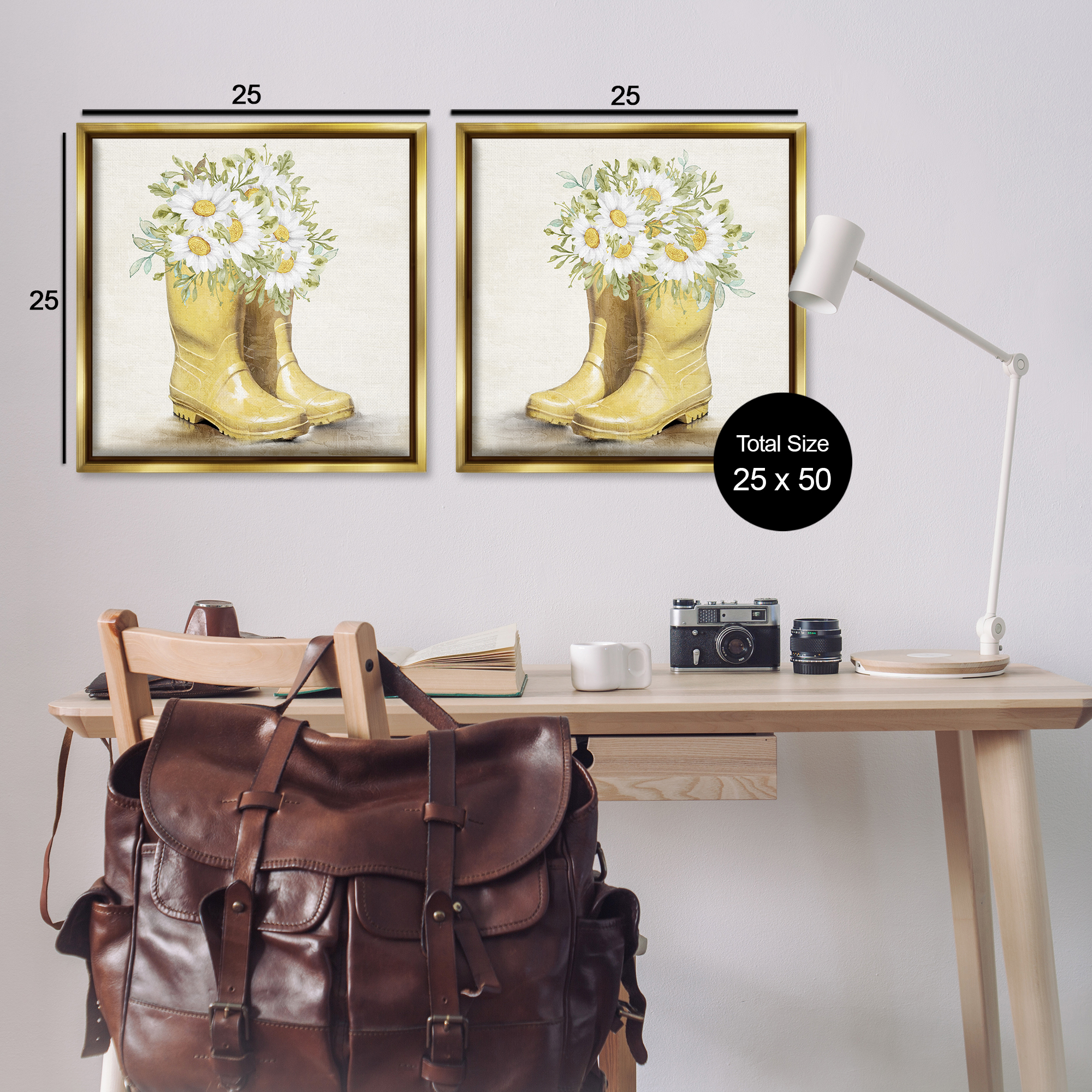 Stupell Industries Yellow Garden Boots Daisies Plants & Flowers Painting Gold Floater Framed Canvas Art Print Wall Art, 25 x 25, Set of 2