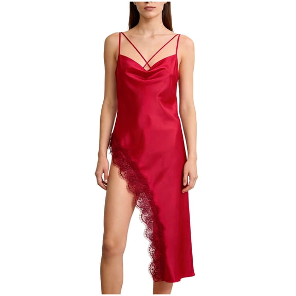 Hduncf Women's Asymmetrical Satin Camisole Nightgown Lace Trim Spaghetti Strap Backless Going Out Slip Dress Red M