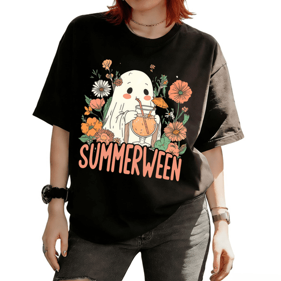 Cozymy SUMMERWEEN flower Ghost quirky Hand Drawn Graphic Tee for Women Crew Neck Short Sleeve Halloween Shirt