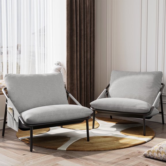 Techmilly Grey Sling Accent Chairs Set of 2, Modern Accent Chairs Reading Chairs for Living Room, Black Metal Armchair with Comfortable Cushion for Reading Room Office, Light Grey Linen
