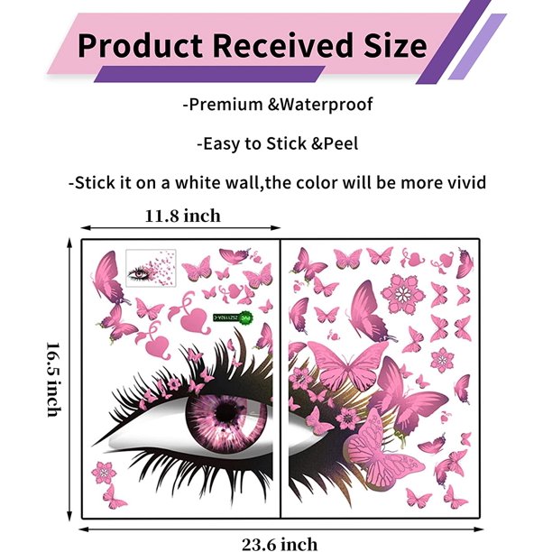 Creative Girl Eyes Wall Sticker – Pink Flying Butterfly Vinyl Decal With Long Eyelashes & Heart Design For Bedroom, Living Room, Lovers' Decor