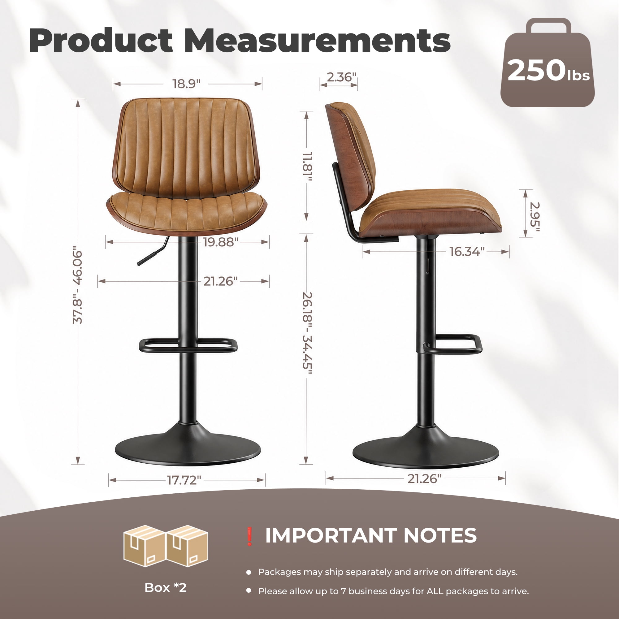 EOP Modern Upholstered Barstools Set of 4, Adjustable Height Counter Stools with Bentwood, Faux Leather Swivel Bar Stools with Metal Frame, Brown