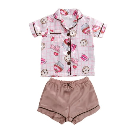 

Calsunbaby Kids Girls Pajamas Set Cartoon Biscuit Print Buttons Pocket Short Sleeve Tops Stretch Bow Shorts 2Pcs Sleepwear Suit