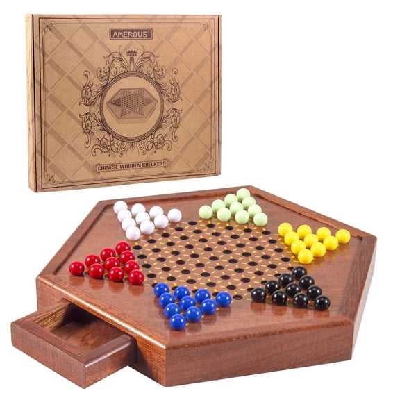 AMEROUS 12.5 inches Wooden Chinese Checkers Set with Storage Drawer Kids and Adults- 60 Acrylic Marbles in 6 Colors - 12 Bonus Spare Marbles